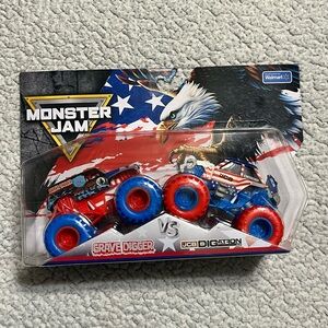 Monster Jam Stars & Stripes Grave Digger vs. JCB Digatron die-cast 2-pack